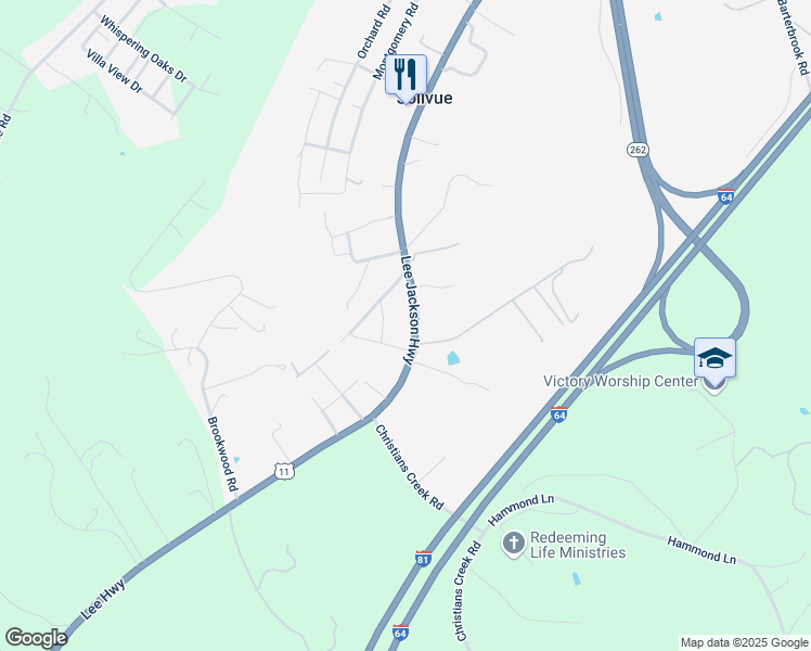 map of restaurants, bars, coffee shops, grocery stores, and more near 636 Lee Jackson Highway in Staunton