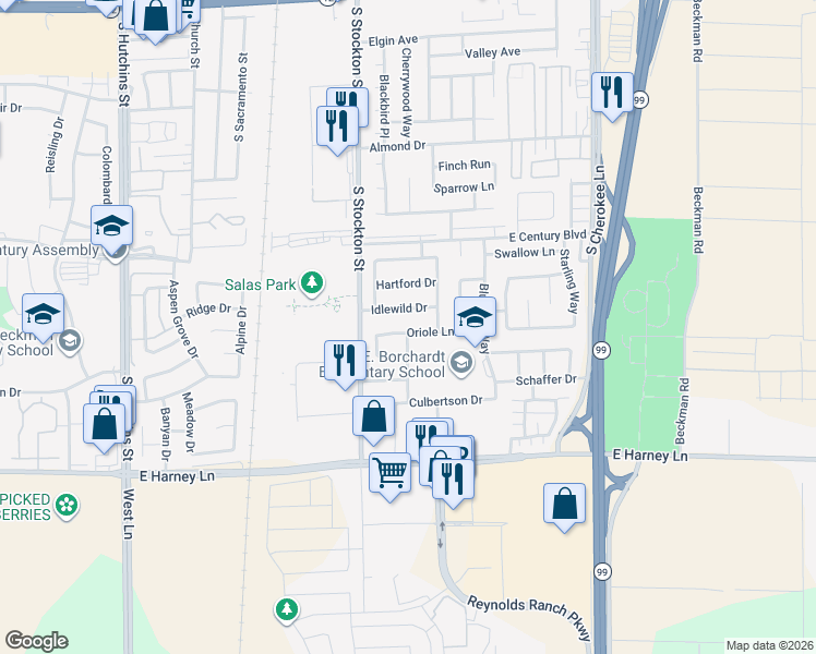 map of restaurants, bars, coffee shops, grocery stores, and more near 266 Idlewild Drive in Lodi