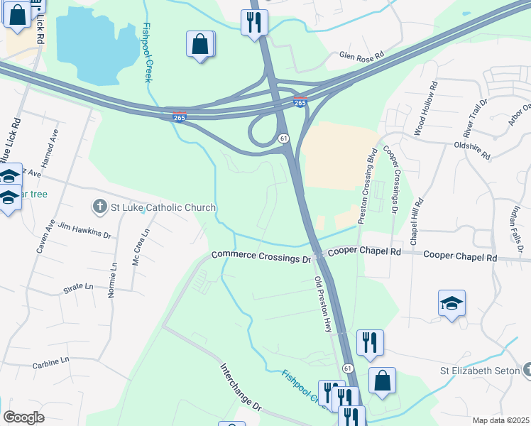 map of restaurants, bars, coffee shops, grocery stores, and more near 9901 Cooper Church Drive in Louisville