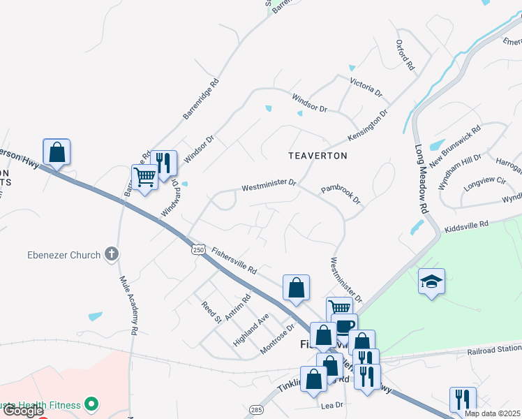 map of restaurants, bars, coffee shops, grocery stores, and more near 16 Hardwick Drive in Fishersville
