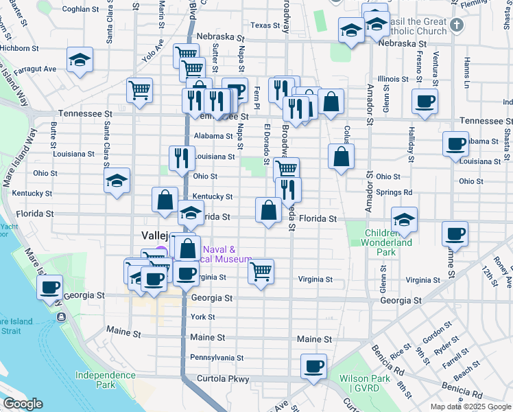 map of restaurants, bars, coffee shops, grocery stores, and more near 945 Kentucky Street in Vallejo
