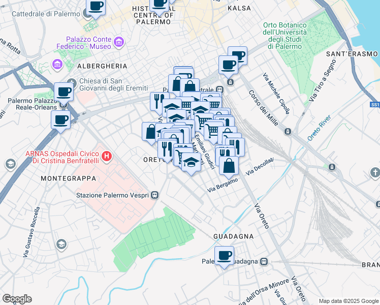 map of restaurants, bars, coffee shops, grocery stores, and more near 40 Via Gaspare Palermo in Palermo