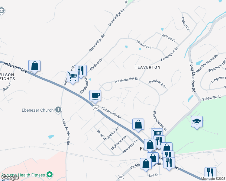 map of restaurants, bars, coffee shops, grocery stores, and more near 46 Surry Lane in Fishersville