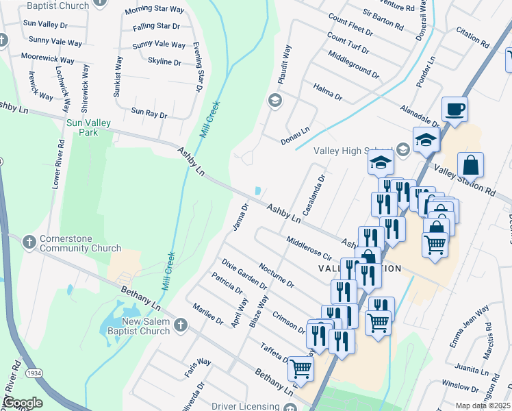 map of restaurants, bars, coffee shops, grocery stores, and more near 9400 Janna Drive in Louisville