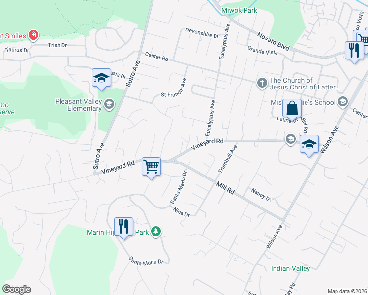 map of restaurants, bars, coffee shops, grocery stores, and more near 2226 Vineyard Road in Novato
