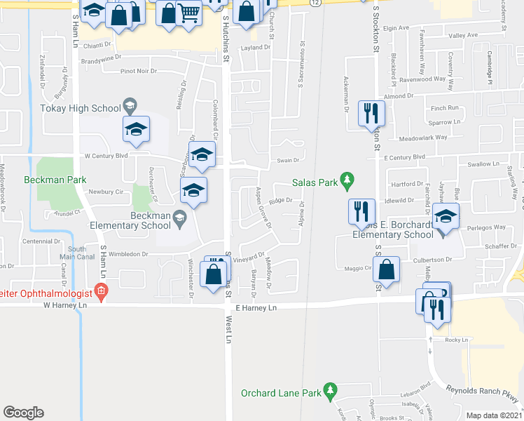 map of restaurants, bars, coffee shops, grocery stores, and more near Aspen Grove Drive in Lodi