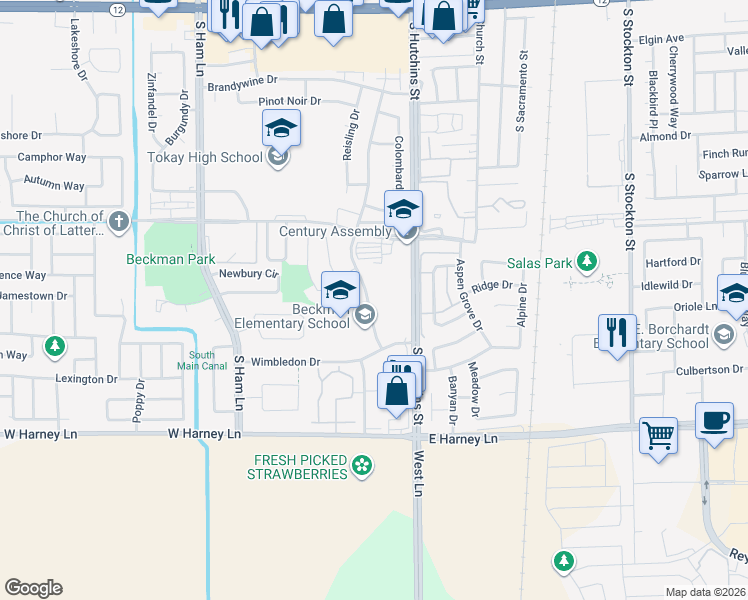 map of restaurants, bars, coffee shops, grocery stores, and more near 2121 Scarborough Drive in Lodi