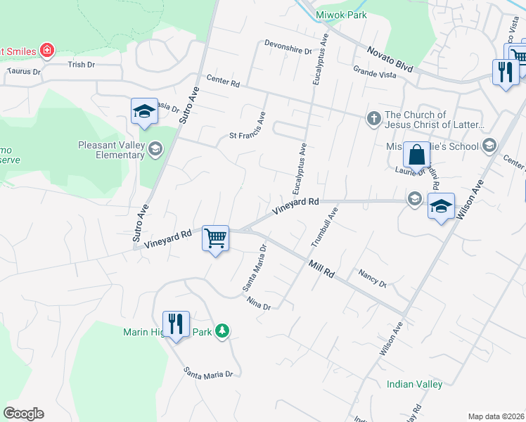 map of restaurants, bars, coffee shops, grocery stores, and more near 2226 Vineyard Road in Novato