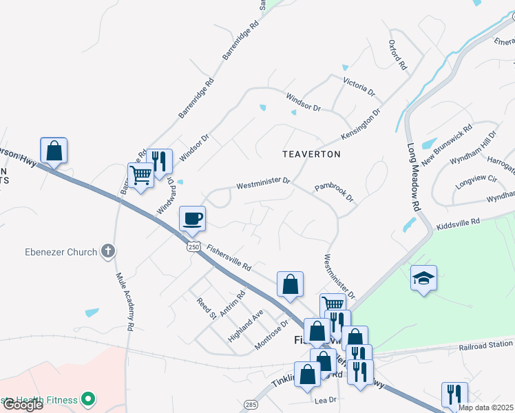 map of restaurants, bars, coffee shops, grocery stores, and more near 3 West Stonington Place in Fishersville