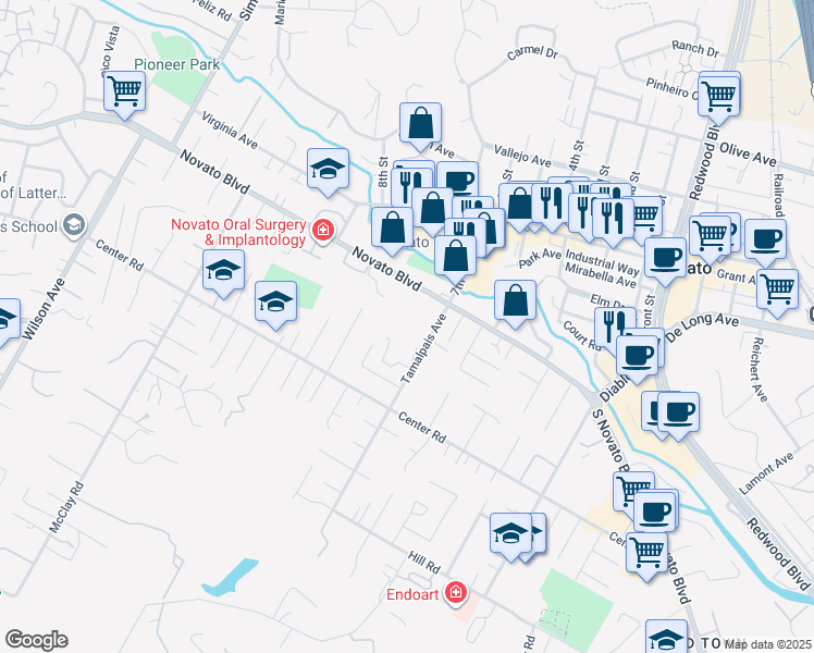 map of restaurants, bars, coffee shops, grocery stores, and more near 875 Tamalpais Avenue in Novato