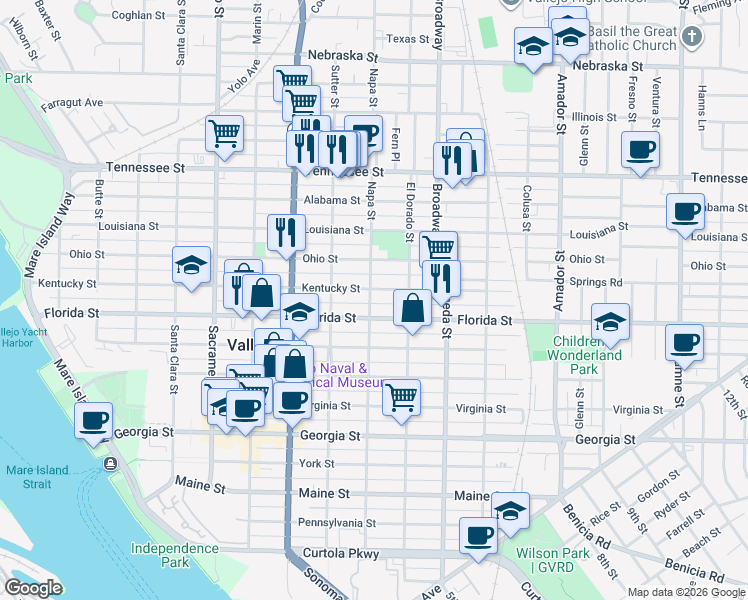 map of restaurants, bars, coffee shops, grocery stores, and more near 1122 Napa Street in Vallejo