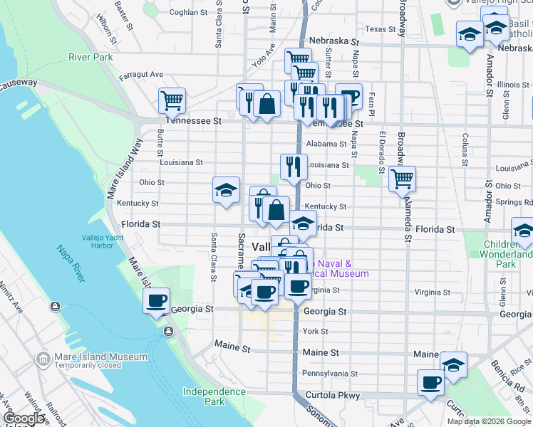 map of restaurants, bars, coffee shops, grocery stores, and more near in Vallejo