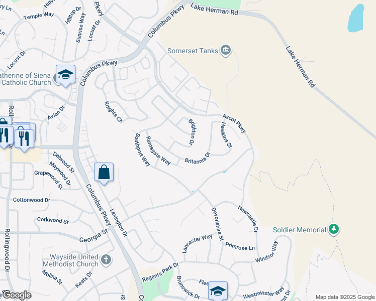 map of restaurants, bars, coffee shops, grocery stores, and more near 248 Brighton Drive in Vallejo