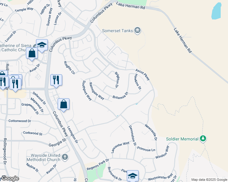 map of restaurants, bars, coffee shops, grocery stores, and more near 248 Brighton Drive in Vallejo