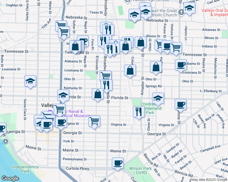 map of restaurants, bars, coffee shops, grocery stores, and more near 1136 Kentucky Street in Vallejo
