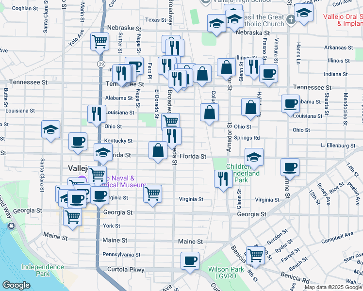 map of restaurants, bars, coffee shops, grocery stores, and more near 1136 Kentucky Street in Vallejo