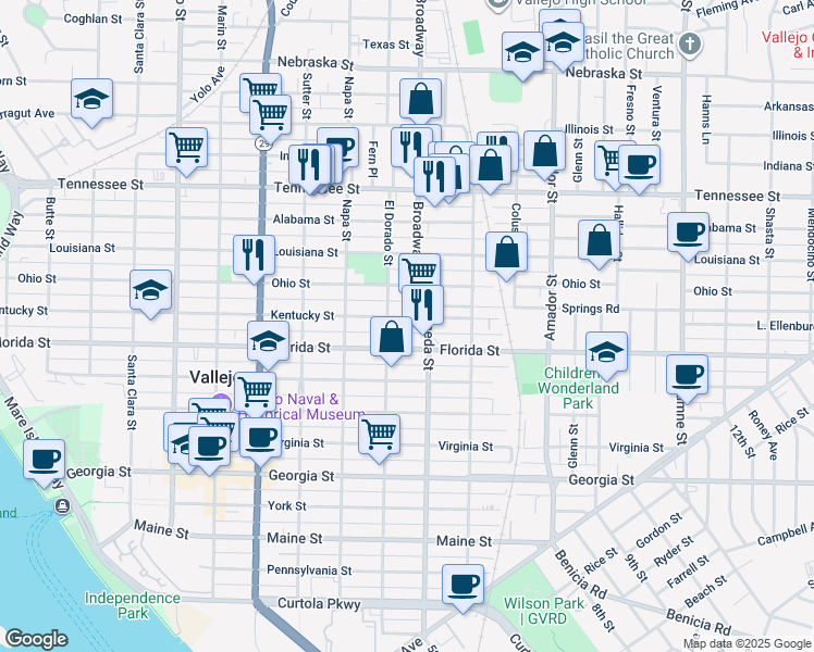 map of restaurants, bars, coffee shops, grocery stores, and more near 10 Broadway in Vallejo