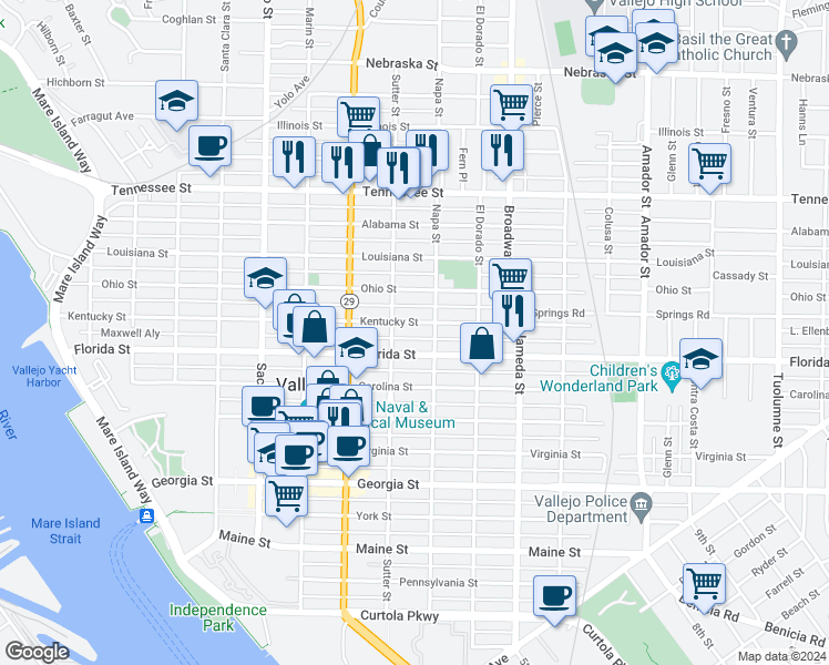 map of restaurants, bars, coffee shops, grocery stores, and more near 809 Kentucky Street in Vallejo