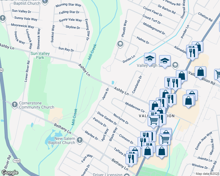 map of restaurants, bars, coffee shops, grocery stores, and more near 9400 Janna Drive in Louisville