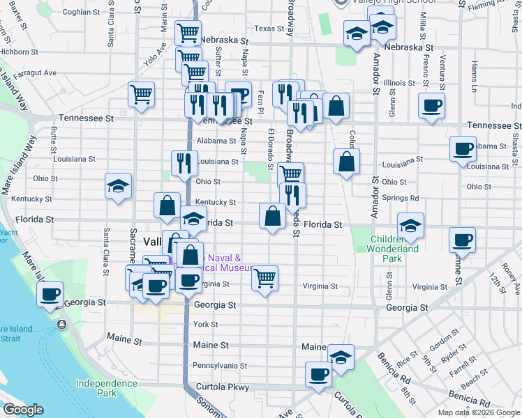 map of restaurants, bars, coffee shops, grocery stores, and more near 933 Kentucky Street in Vallejo