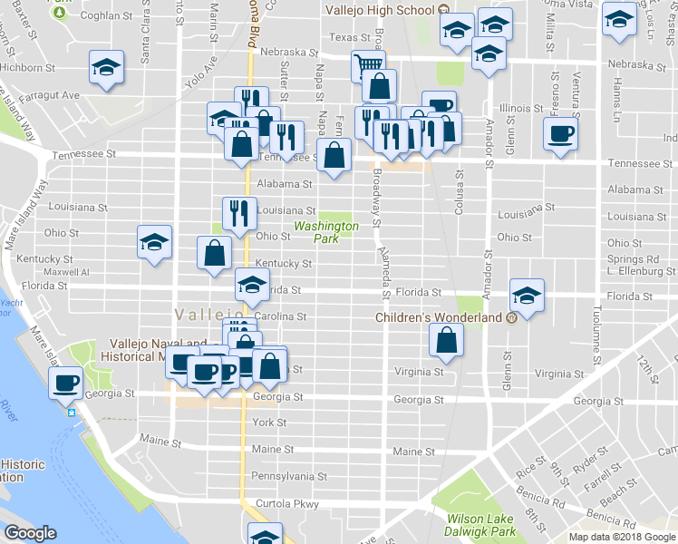 map of restaurants, bars, coffee shops, grocery stores, and more near 933 Kentucky Street in Vallejo