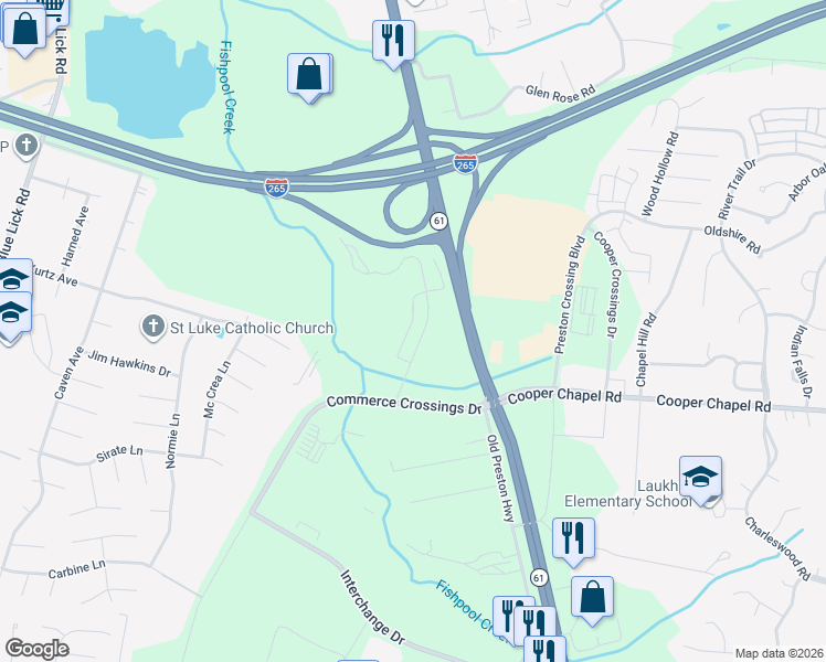map of restaurants, bars, coffee shops, grocery stores, and more near 9901 Cooper Church Drive in Louisville