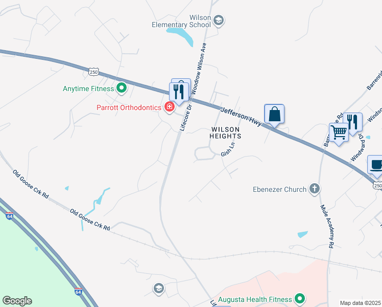 map of restaurants, bars, coffee shops, grocery stores, and more near 37 Woodlawn Drive in Staunton