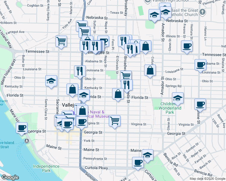 map of restaurants, bars, coffee shops, grocery stores, and more near 933 Kentucky Street in Vallejo