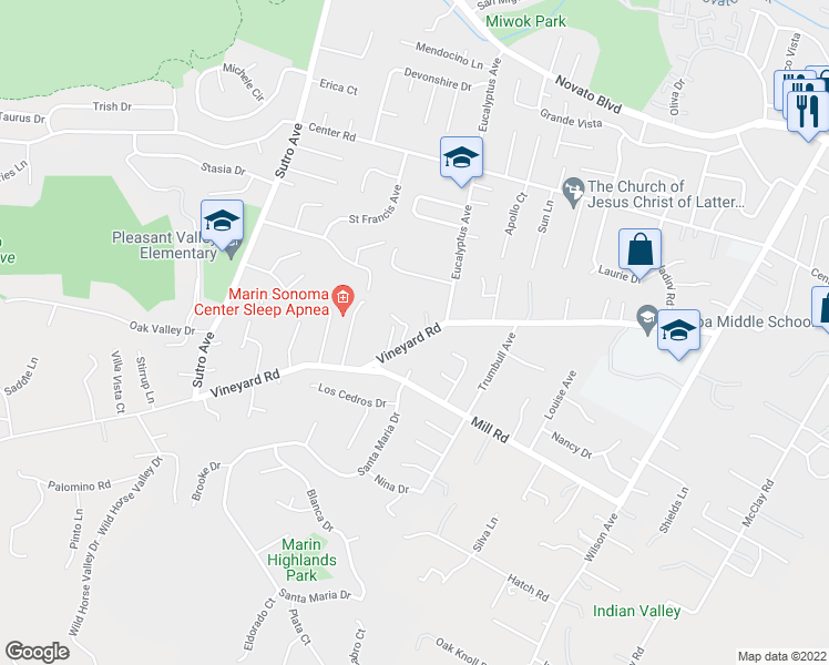 map of restaurants, bars, coffee shops, grocery stores, and more near 2226 Vineyard Road in Novato