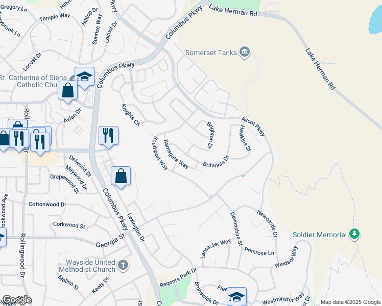 map of restaurants, bars, coffee shops, grocery stores, and more near 790 Britannia Drive in Vallejo