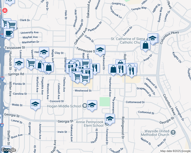 map of restaurants, bars, coffee shops, grocery stores, and more near 2317 Springs Road in Vallejo