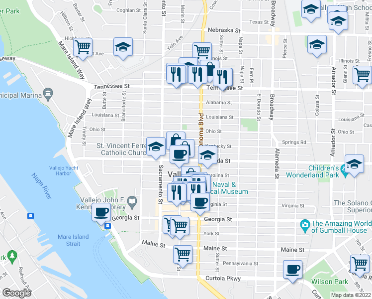 map of restaurants, bars, coffee shops, grocery stores, and more near 611 Kentucky Street in Vallejo