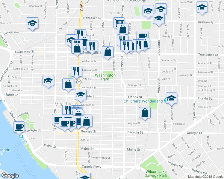 map of restaurants, bars, coffee shops, grocery stores, and more near 945 Kentucky Street in Vallejo