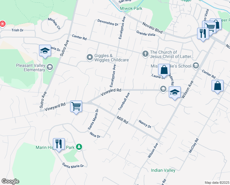 map of restaurants, bars, coffee shops, grocery stores, and more near 2197 Vineyard Road in Novato