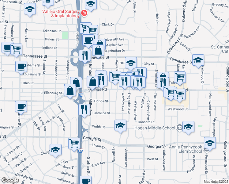 map of restaurants, bars, coffee shops, grocery stores, and more near in Vallejo