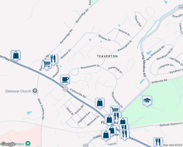 map of restaurants, bars, coffee shops, grocery stores, and more near 18 East Stonington Place in Fishersville