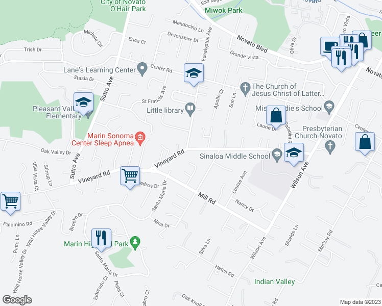 map of restaurants, bars, coffee shops, grocery stores, and more near 2197 Vineyard Road in Novato