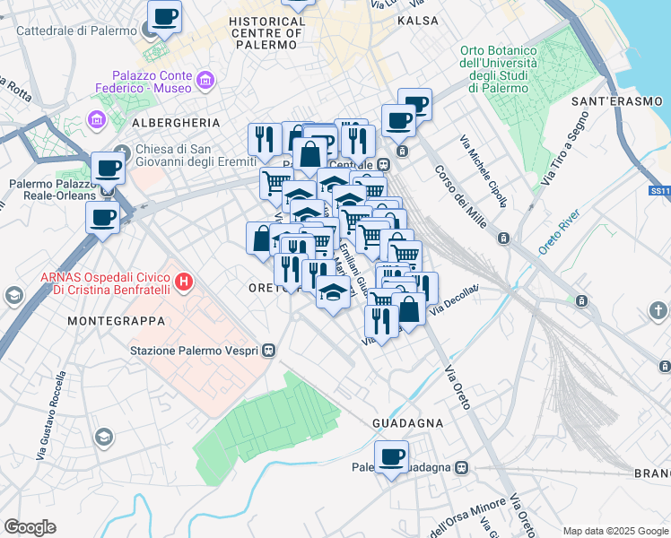 map of restaurants, bars, coffee shops, grocery stores, and more near 40 Via Gaspare Palermo in Palermo
