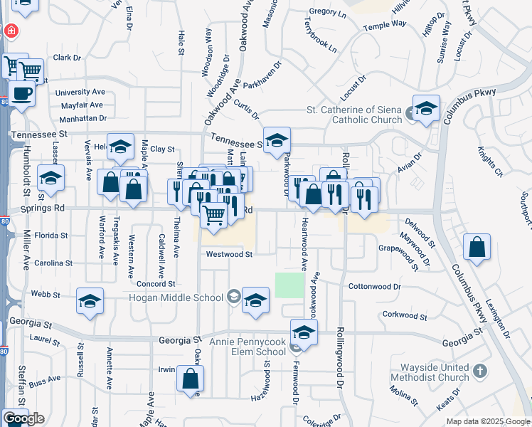 map of restaurants, bars, coffee shops, grocery stores, and more near 2317 Springs Road in Vallejo