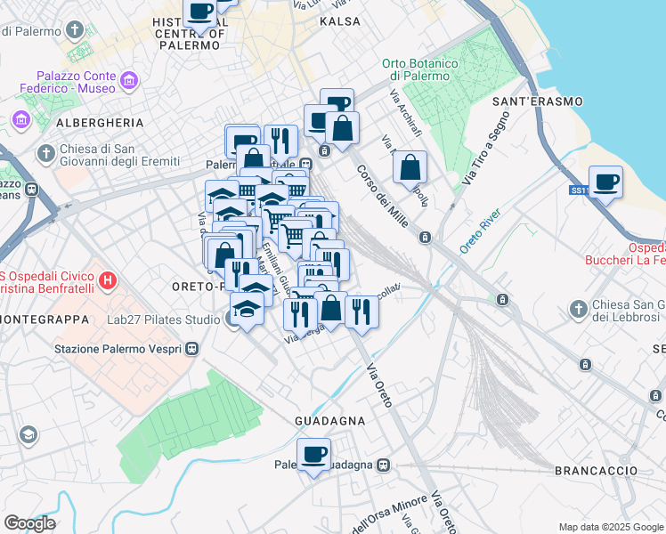 map of restaurants, bars, coffee shops, grocery stores, and more near 174 Via Oreto in Palermo