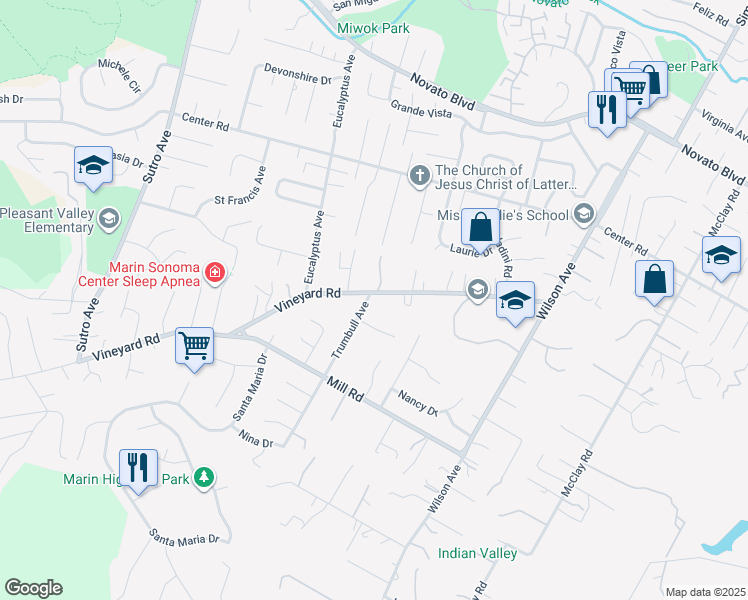 map of restaurants, bars, coffee shops, grocery stores, and more near 2119 Vineyard Road in Novato
