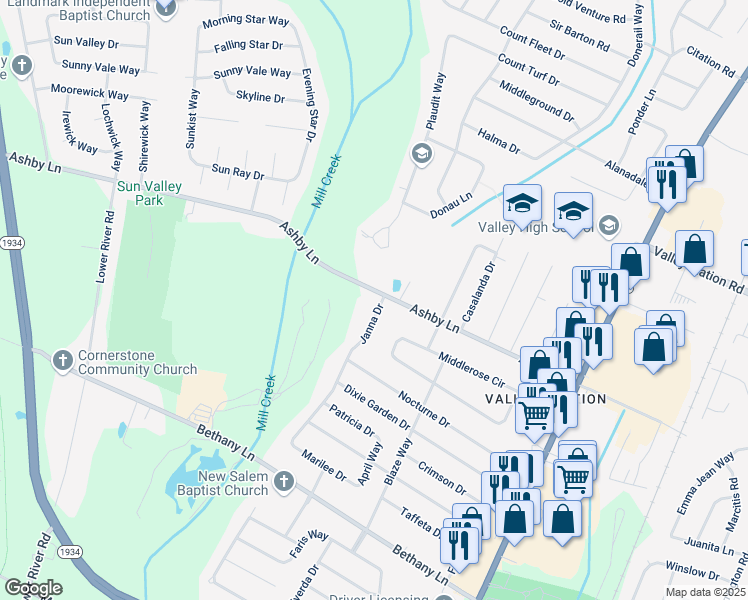 map of restaurants, bars, coffee shops, grocery stores, and more near 9400 Janna Drive in Louisville