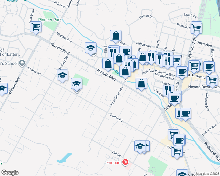 map of restaurants, bars, coffee shops, grocery stores, and more near 1721 Novato Boulevard in Novato