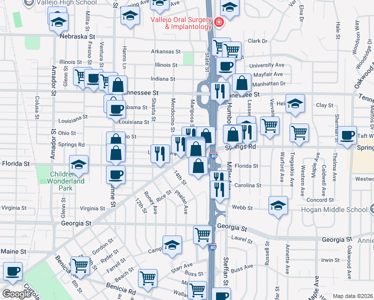 map of restaurants, bars, coffee shops, grocery stores, and more near 1 Mariposa Street in Vallejo