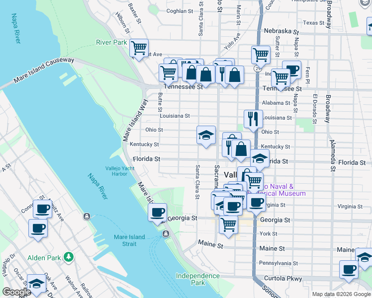 map of restaurants, bars, coffee shops, grocery stores, and more near 317 Kentucky Street in Vallejo