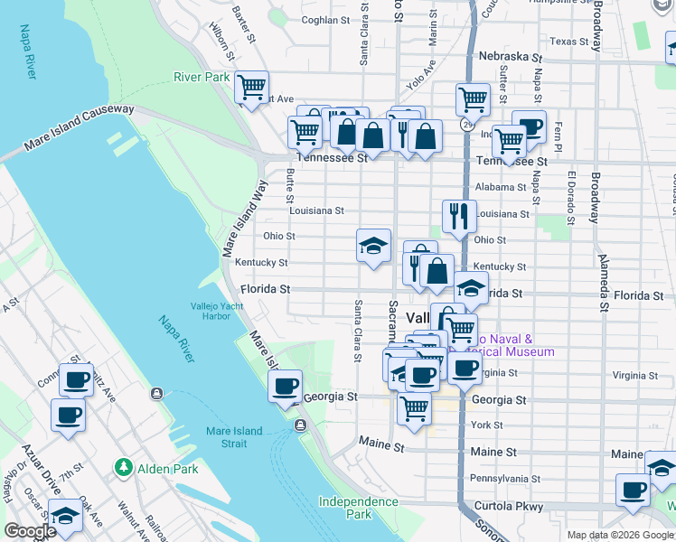 map of restaurants, bars, coffee shops, grocery stores, and more near 317 Kentucky Street in Vallejo