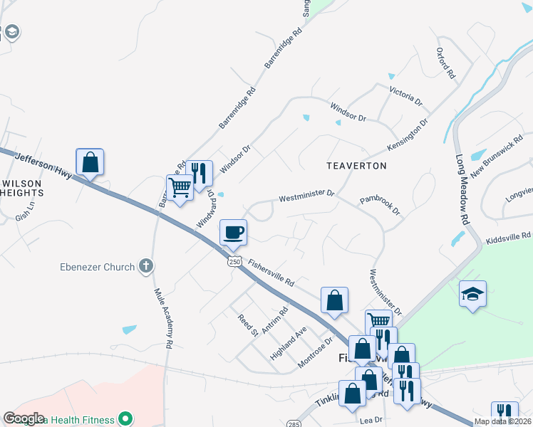 map of restaurants, bars, coffee shops, grocery stores, and more near 46 Surry Lane in Fishersville
