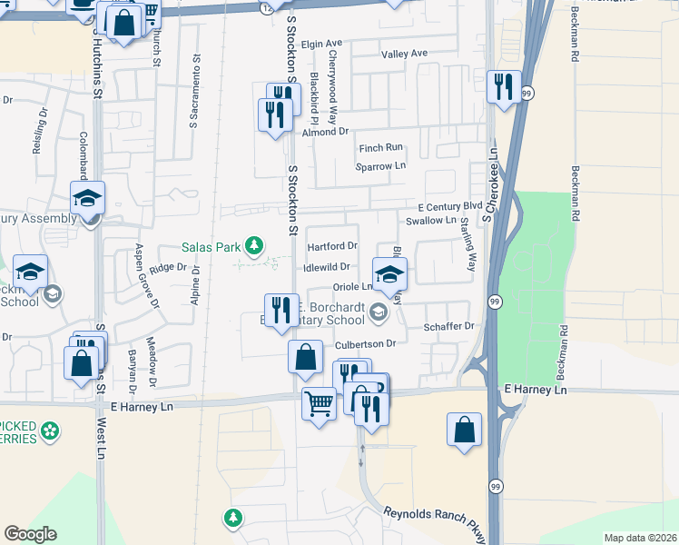 map of restaurants, bars, coffee shops, grocery stores, and more near 266 Idlewild Drive in Lodi