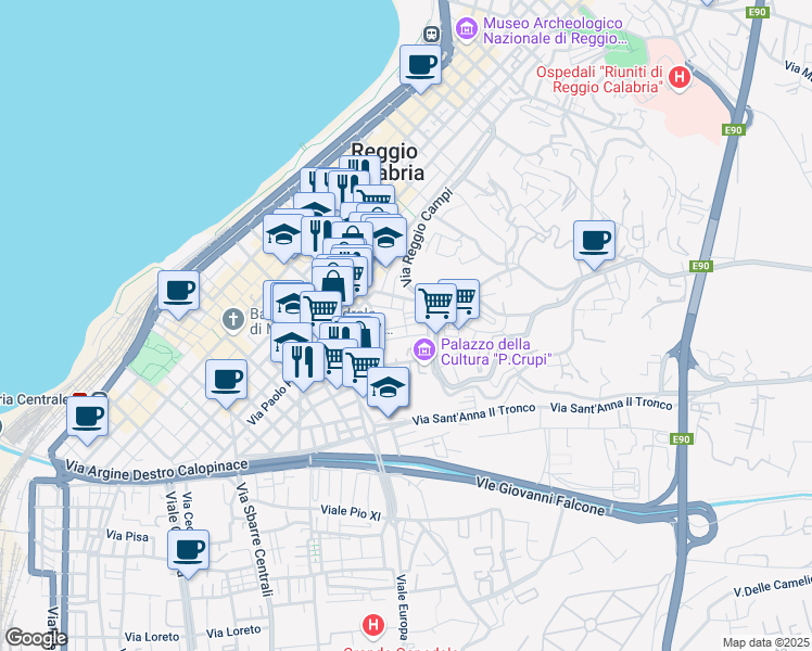 map of restaurants, bars, coffee shops, grocery stores, and more near Via Trieste in Reggio Calabria