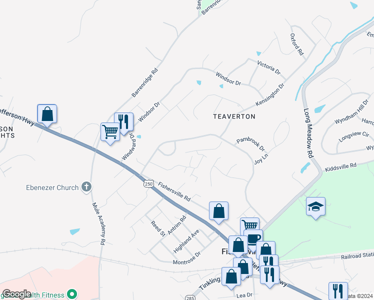 map of restaurants, bars, coffee shops, grocery stores, and more near 19 West Stonington Place in Fishersville